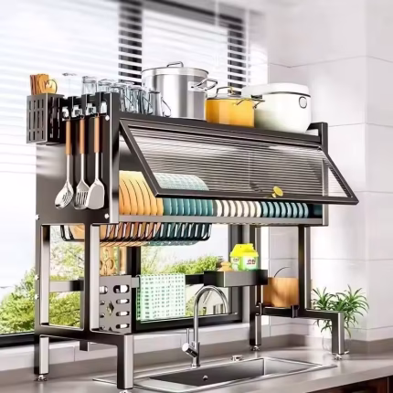 High Quality Kitchen Double Layer Metal Dish Rack With Cover